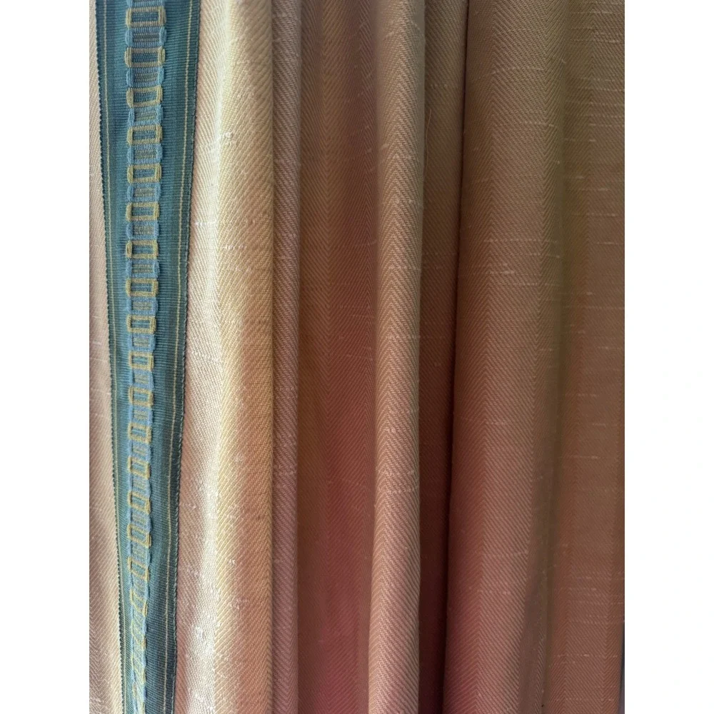Pair Custom Pinch Pleat Lined Curtains Pale Yellow Herringbone Ribbon Trim 94 in